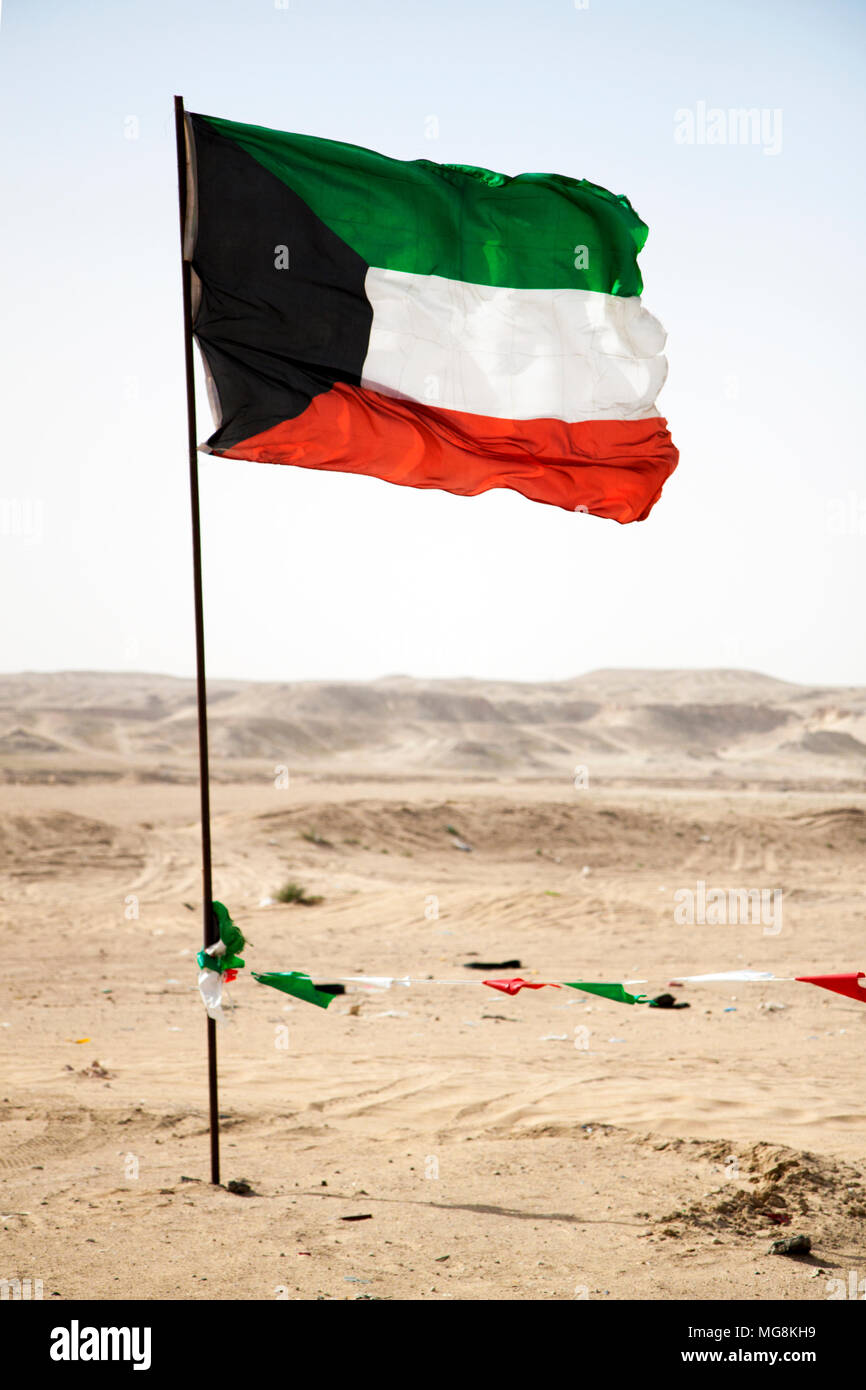 Kuwait flag at Mutla Ridge, Kuwait. Stock Photo