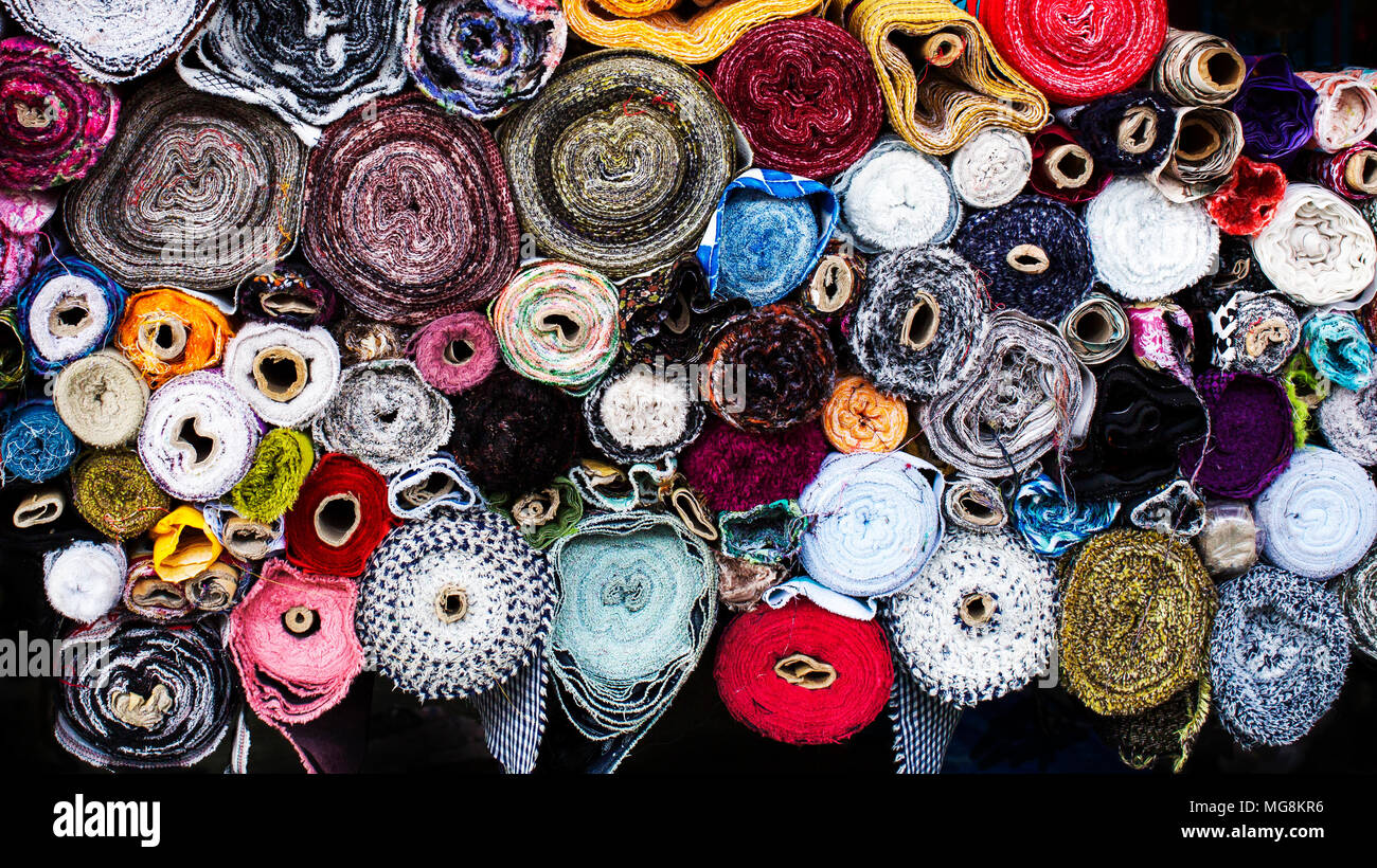 Fabrics for sale in a market in Kuwait Stock Photo