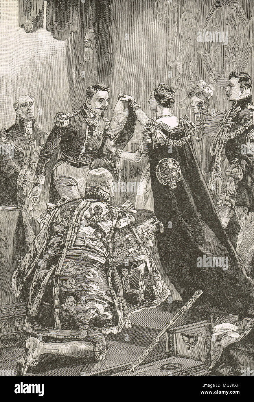 Queen Victoria knighting Napoleon III, Emperor of France, 18 April, 1855 Stock Photo