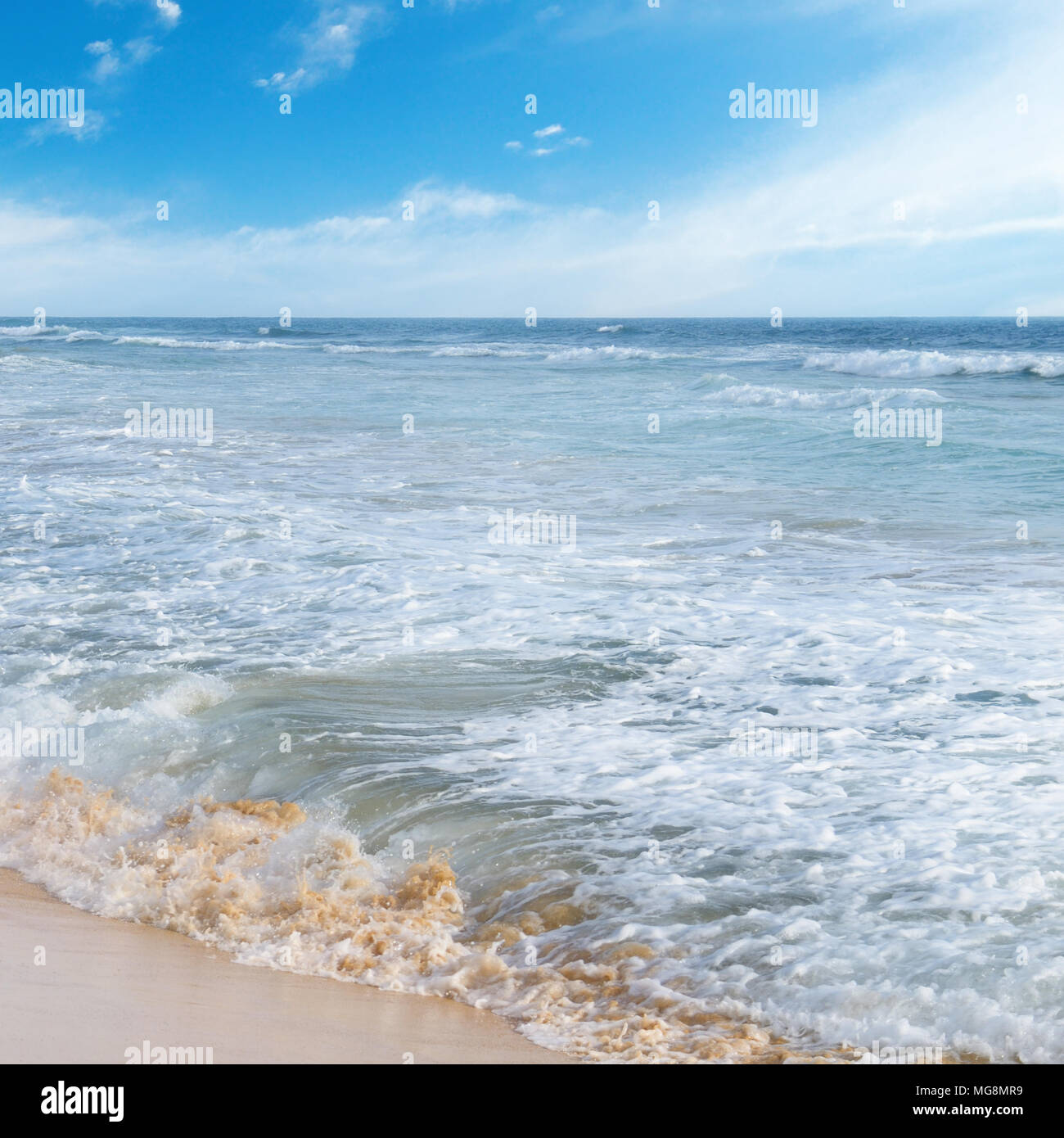 ocean, sandy beach and blue sky Stock Photo - Alamy