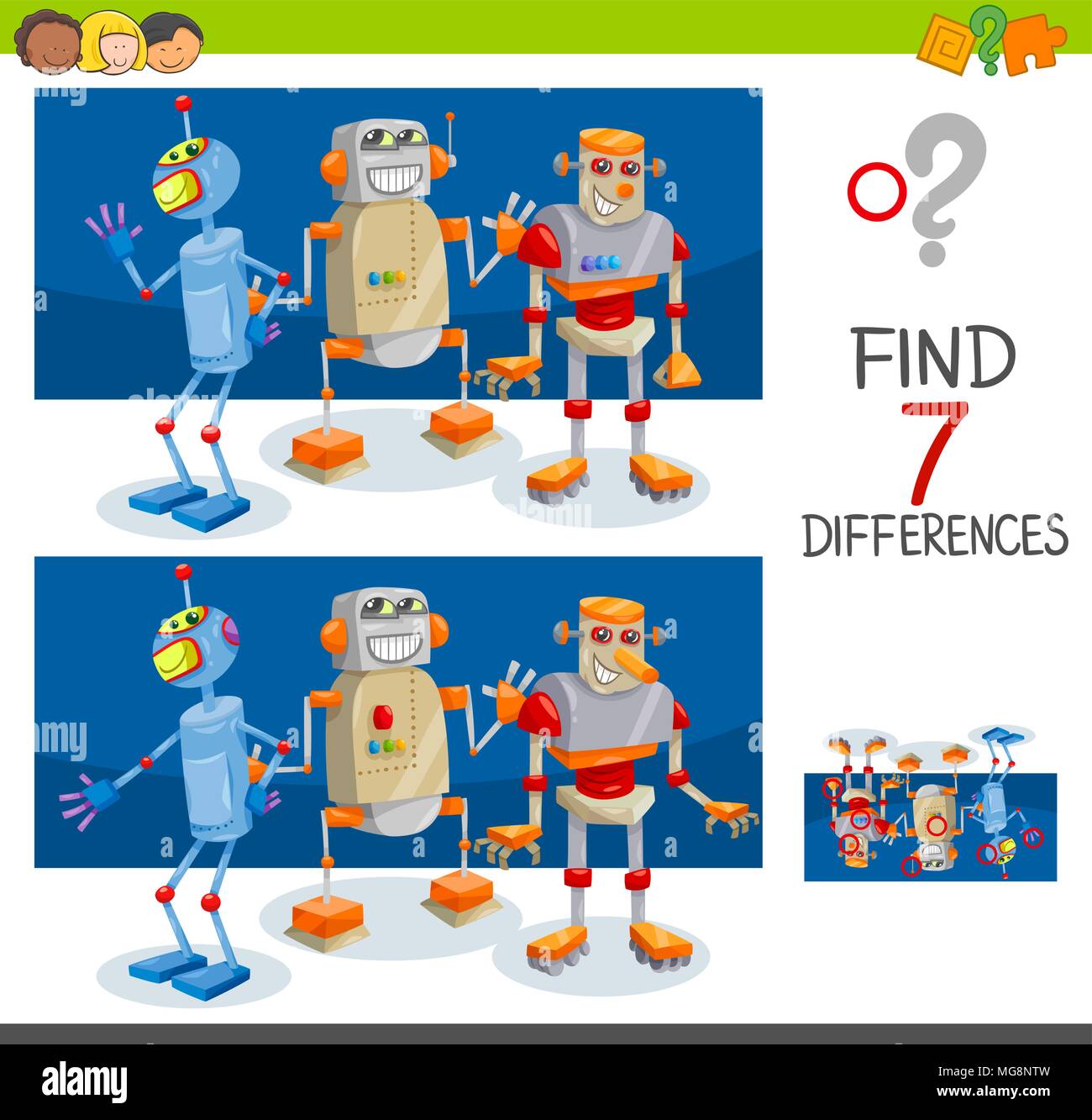 Cartoon Illustration of Finding Seven Differences Between Pictures Educational Activity Game for Children with Robot Characters Group Stock Vector