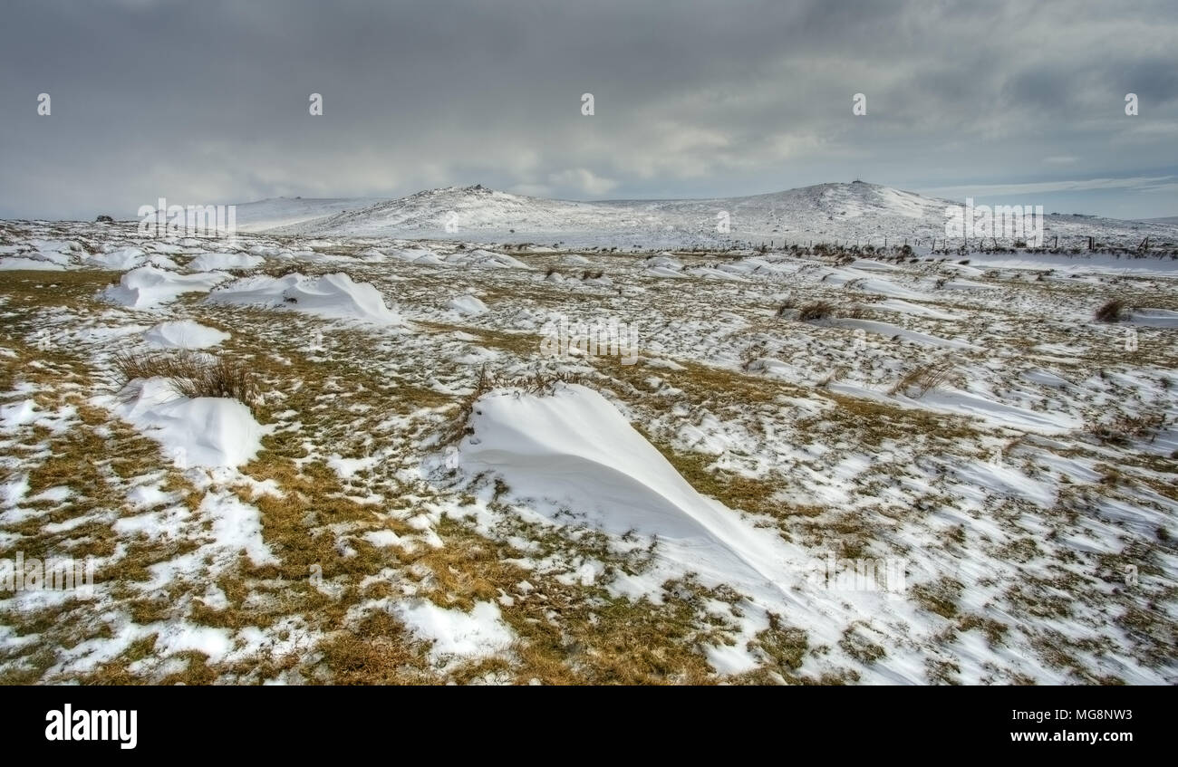 Snow on Dartmoor,UK with view of Brat Tor and Arms Tor Stock Photo
