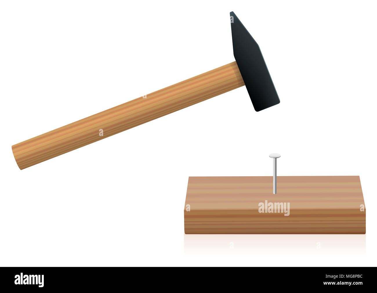 Hammer driving a nail into a plank - illustration on white background. Stock Photo