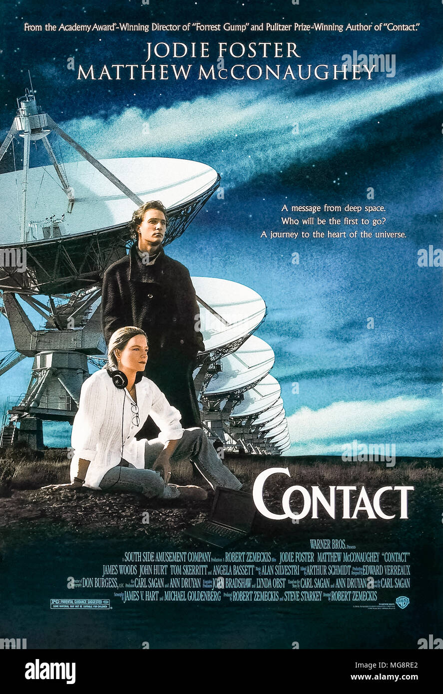 Contact (1997) directed by Robert Zemeckis and starring Jodie Foster, Matthew McConaughey and Tom Skerritt. An alien radio message contains the plans for a transportation device. Stock Photo