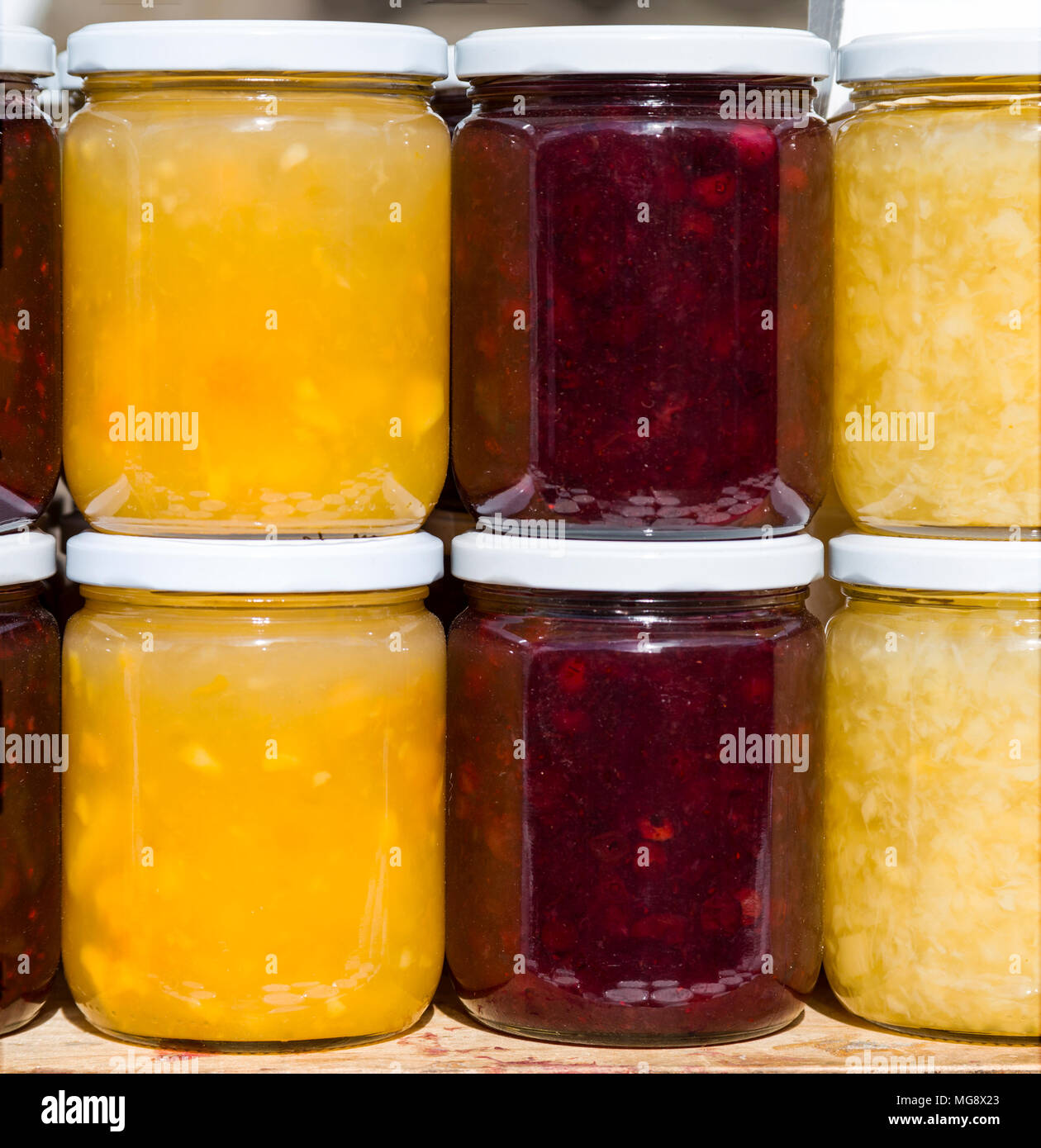 Home made jams and marmalades for sale at outdoor stall. Elmira Ontario