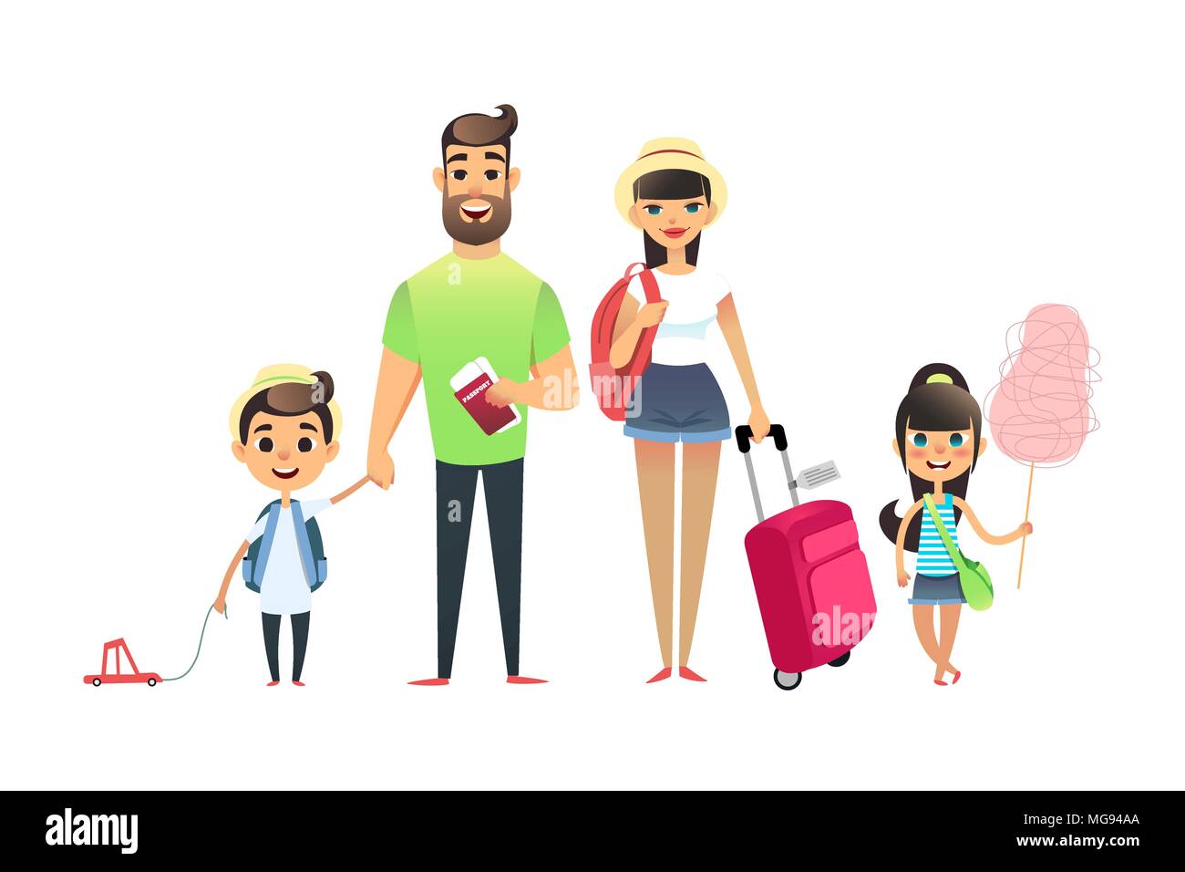Travelling family people waiting for airplane or train. Cartoon dad, mom and child traveling together. Young cartoon couple, girl and boy go on vacation with suitcases and bags. Man holds tickets and passports. Happy big family leave on the sea resort. Stock Vector
