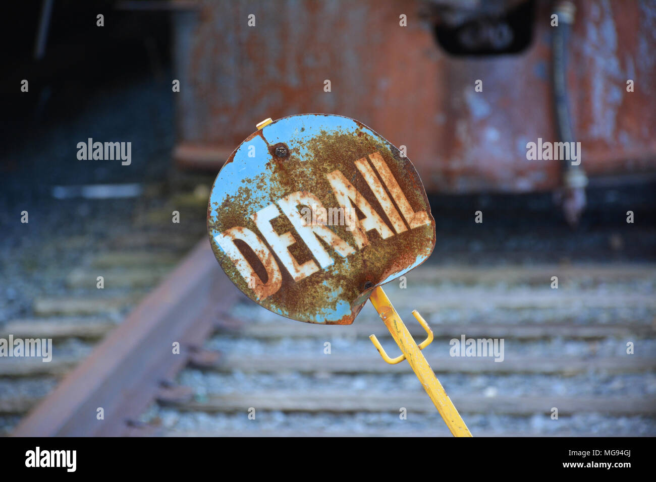 A Derail sign located at Steamtown National Historic Site located on 62.48 acres in downtown Scranton, Pennsylvania Stock Photo