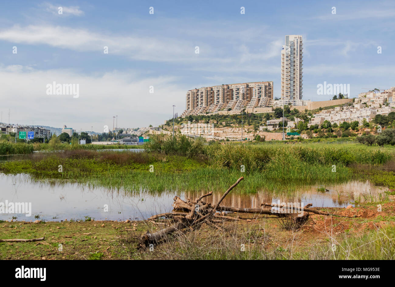Urban nature: A natural pool of water amidst the buildings of Jerusalem, Israel Stock Photo