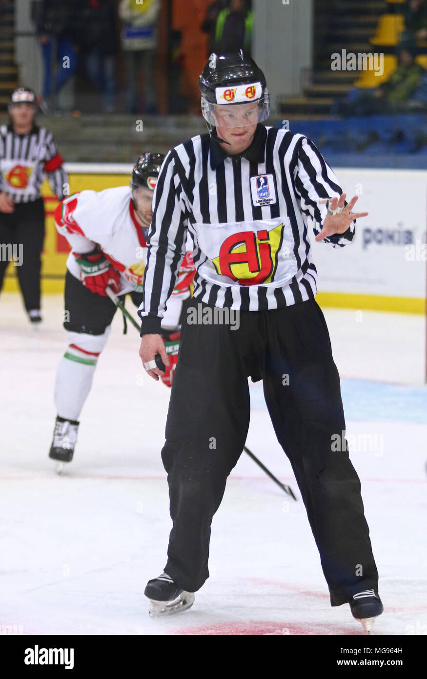 KYIV, UKRAINE APRIL 24, 2017 Linesman Referee in action during IIHF