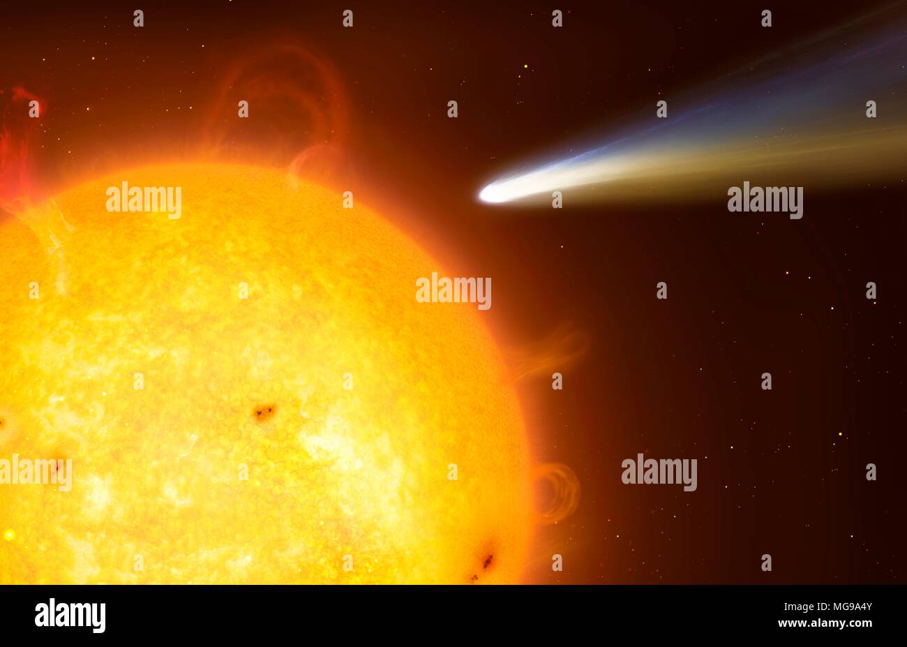 Illustration of a sungrazing comet. These are comets that pass very close to the Sun at perihelion. Sometimes they can skirt above the photosphere at distances of just a few thousand kilometres - the mere diameter of a small planet. Occasionally comets are completely evaporated in this process, but some can last several passes before either falling into the Sun or disintegrating because of tidal forces. Stock Photo