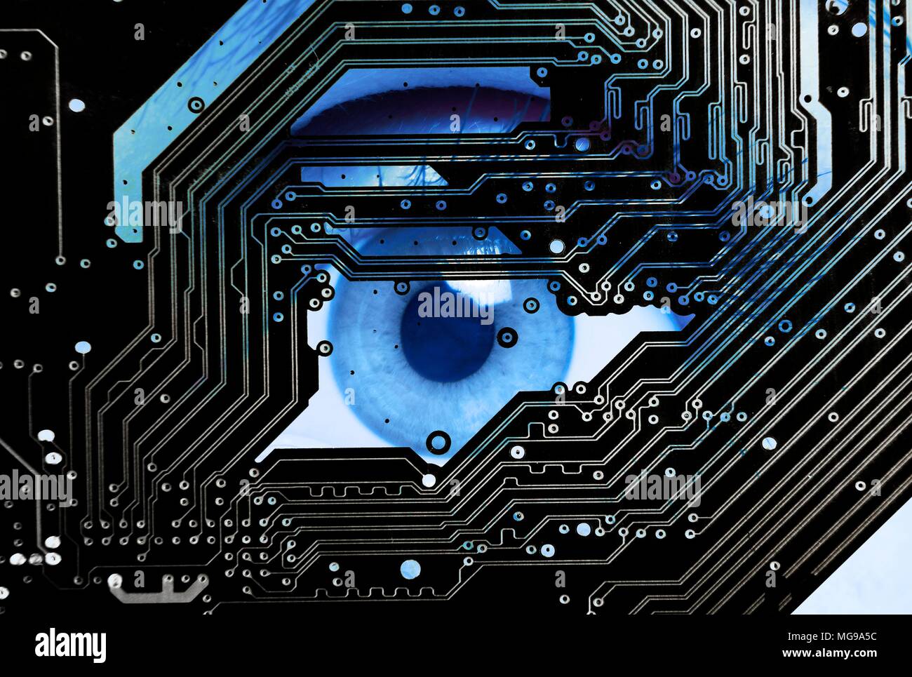 Human eye looking through circuit board. Stock Photo