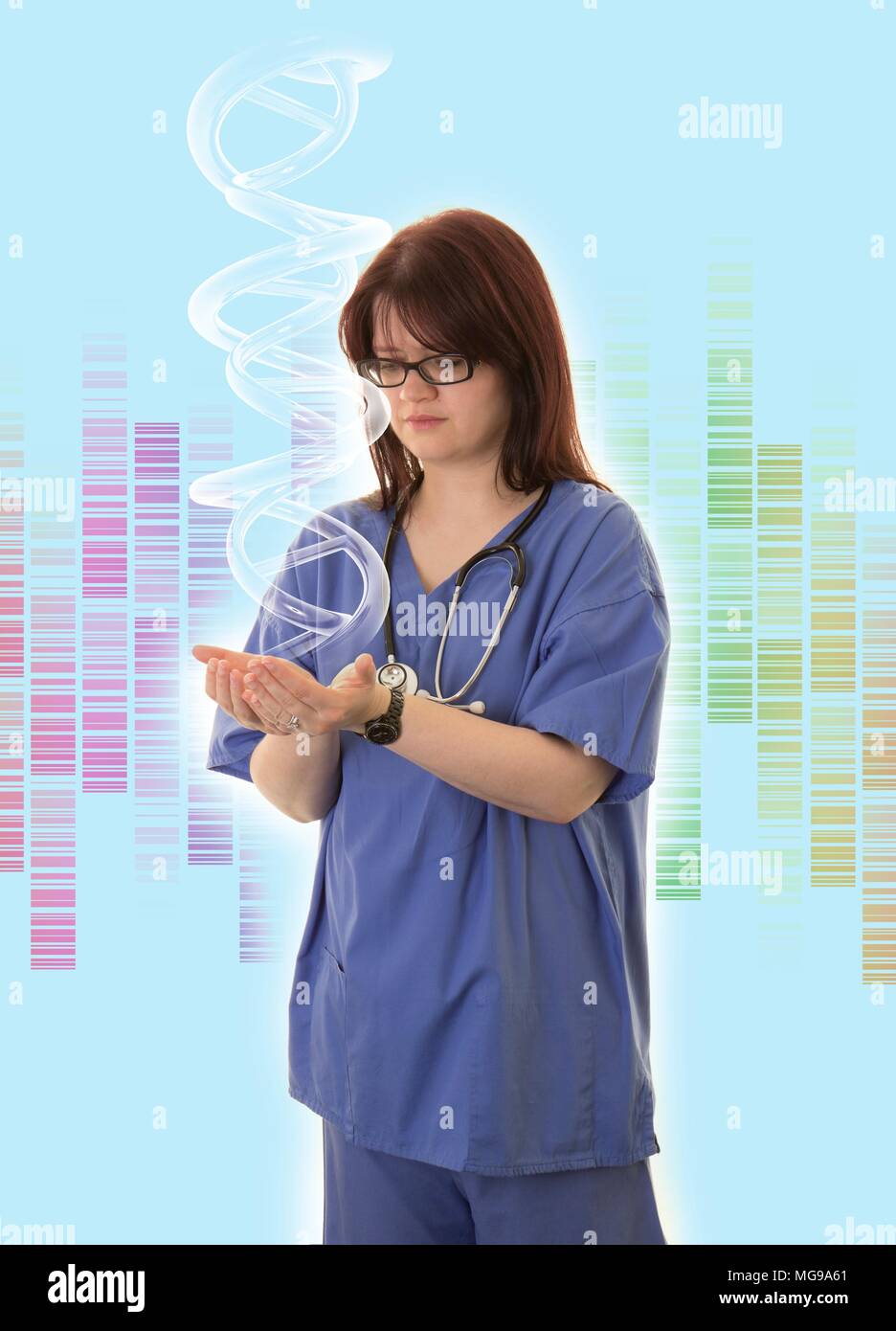 Female doctor holding DNA (deoxyribonucleic acid) strand Stock Photo ...