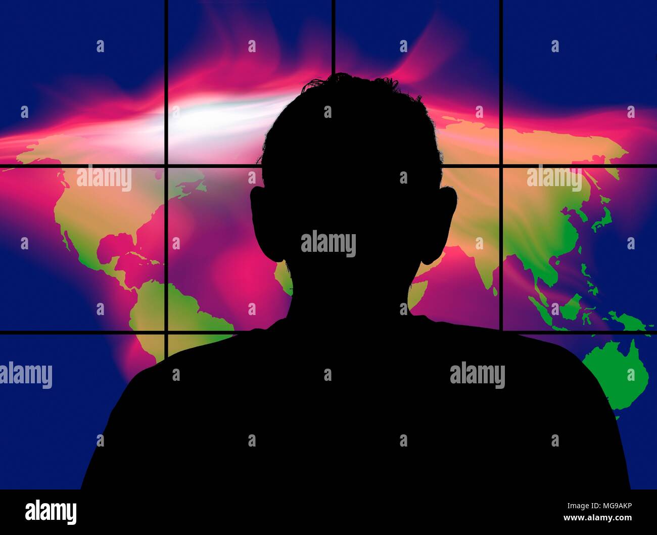 Person looking at world map, silhouette. Stock Photo