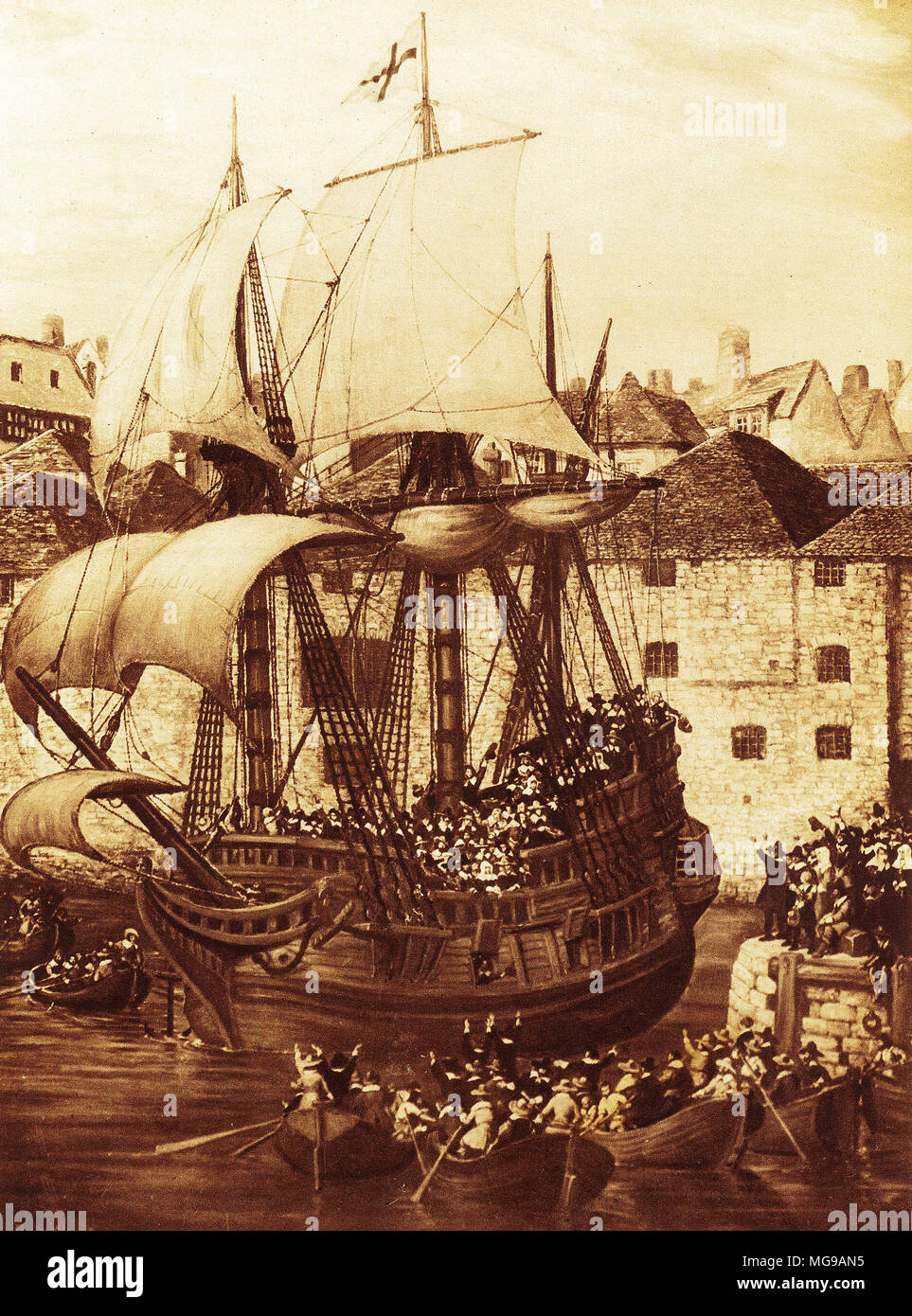 The Mayflower leaves Plymouth with its 102 passengers on the way to the Americas. Stock Photo