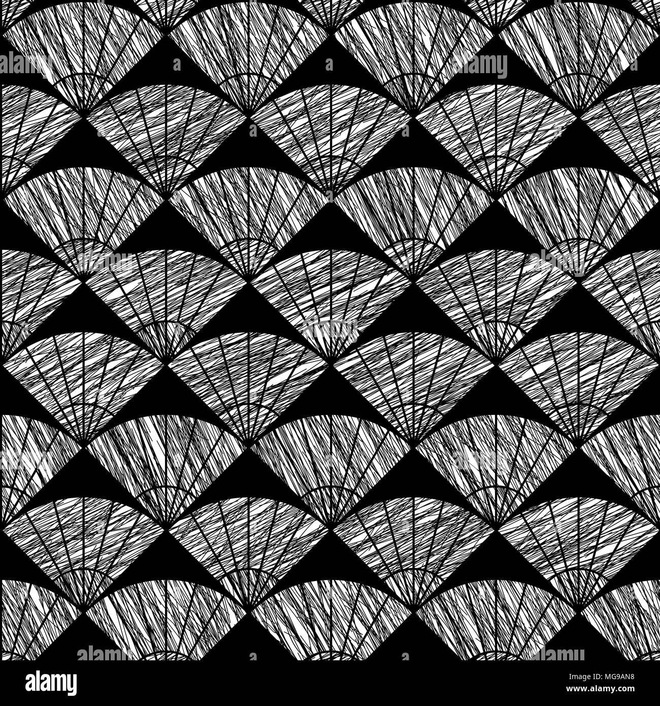Scratched fan background. Based on Traditional Japanese Embroidery. Abstract Seamless pattern. Based on Sashiko stitching - uchiwa. Monochrome backdro Stock Vector