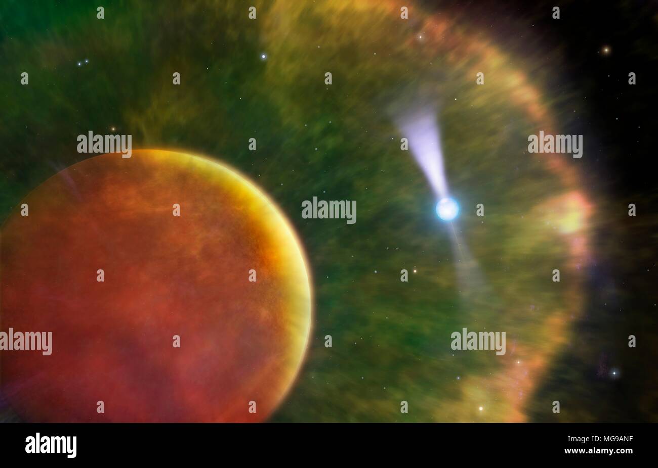 Illustration of the so-called Black Widow Pulsar. This is a pulsar (right), a rapidly rotating neutron star, discovered in 1988, which is in orbit around a brown dwarf (left). The name black widow is applied because the companion to the pulsar is being destroyed by it. Brown dwarves are objects which form as stars do, but which do not attain the core temperatures necessary to fuse hydrogen into helium, as in true stars. Astronomers have detected a bow-shock around the brown dwarf, created as radiation from the pulsar wraps itself around the brown dwarf. Stock Photo