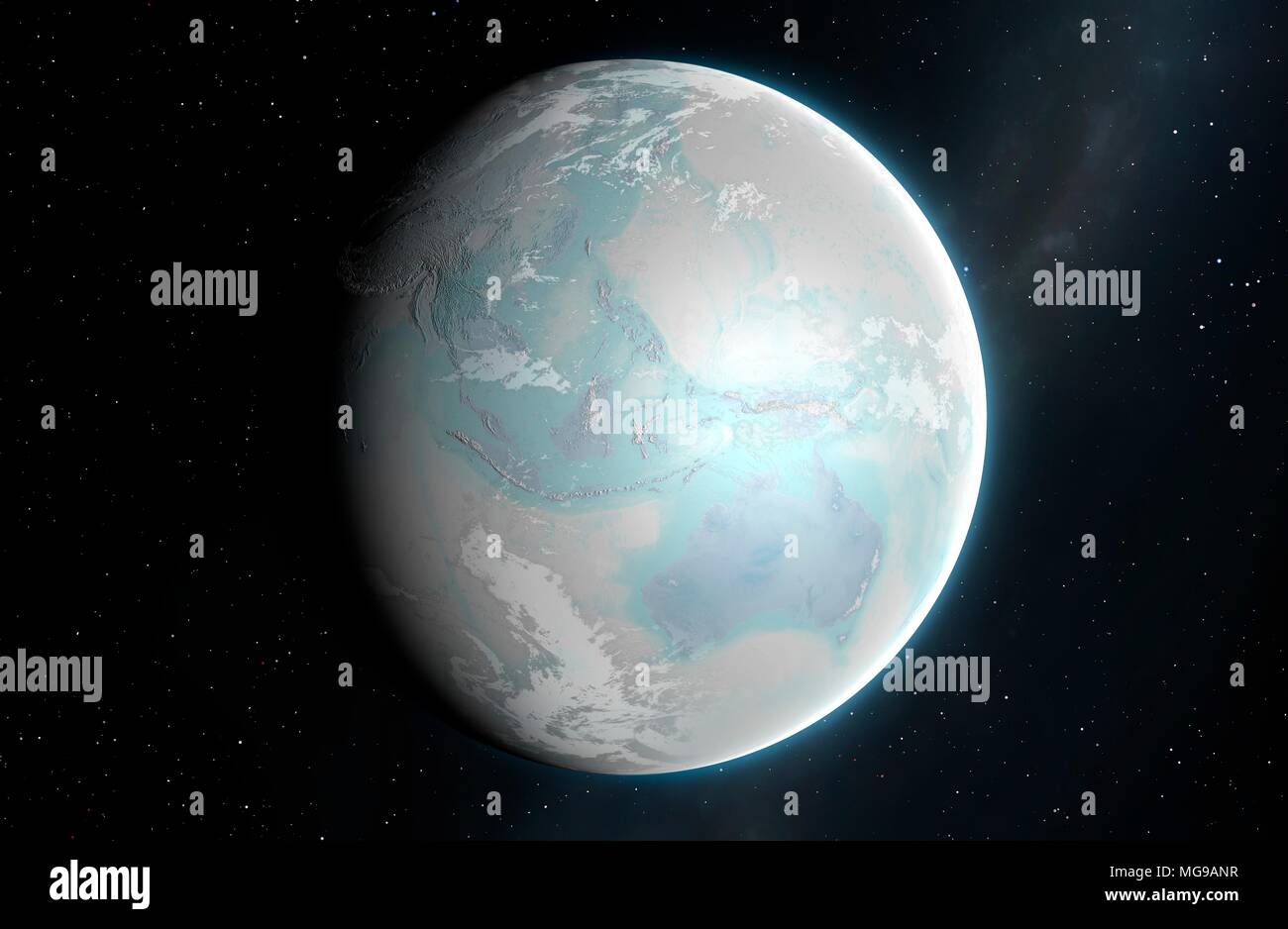 Illustration of the Earth, with the continents in their present form, but with the planet completely iced over. The snowball Earth hypothesis suggests that, hundreds of millions of years ago, the Earth may have frozen solid like this as a result of severe climate change. This illustration imagines what the planet might look like were this to happen now. In this view, we can make out Australia and Asia and part of the Pacific Ocean. Stock Photo