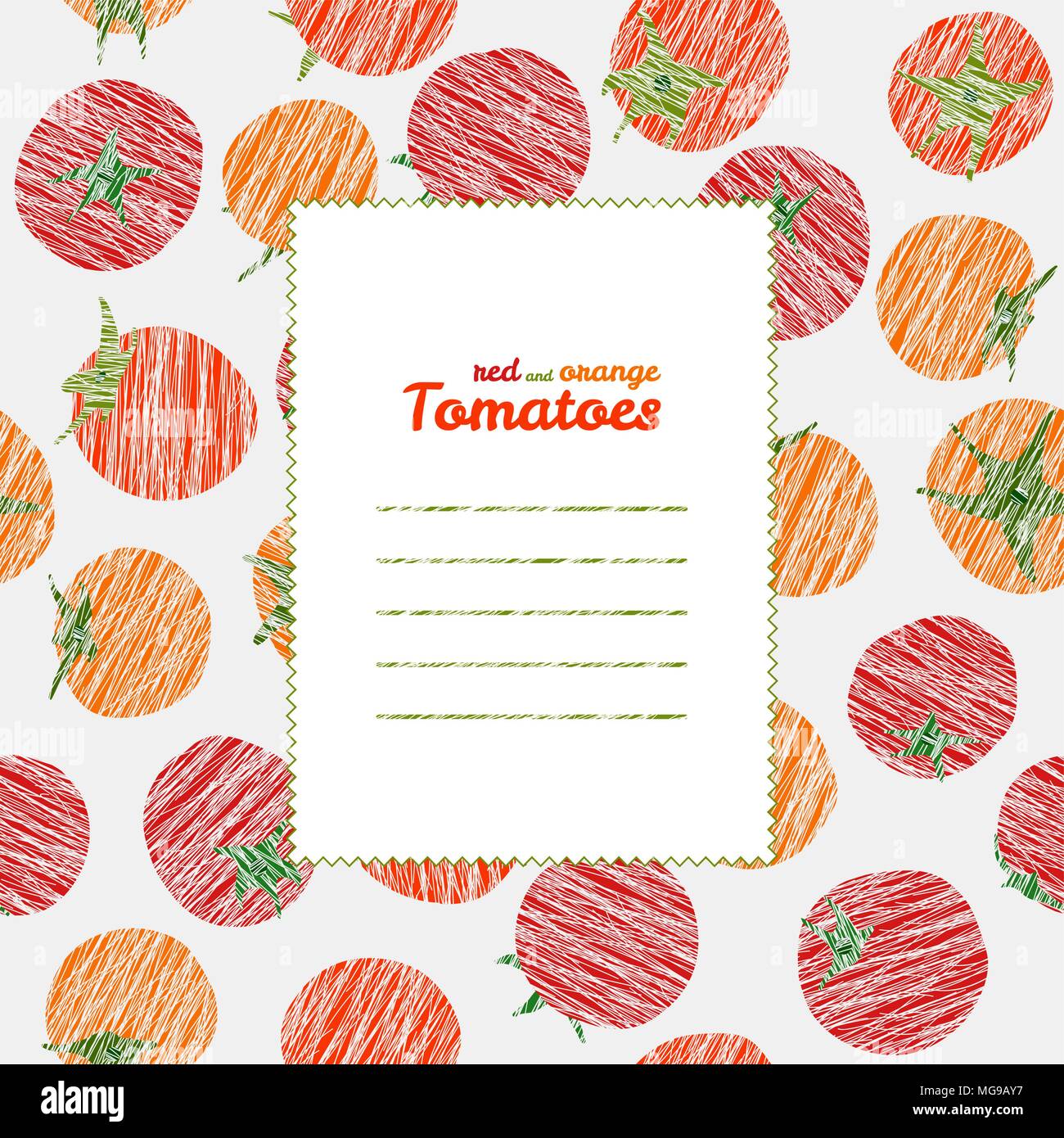 Text frame. Repeating backdrop with scratched tomatoes. Summer harvest background. Endless tomato texture. Vegan texture. vegetable template. Can be u Stock Vector