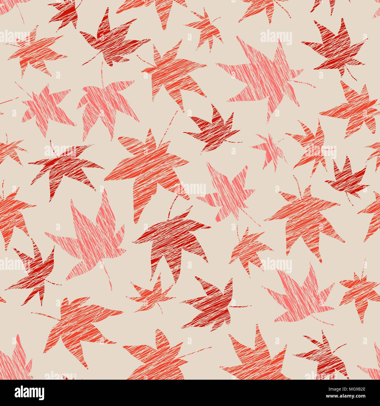 Seamless pattern with scratched maple leaves. Warm colors. Autumn template. Plain endless background with momiji leaves. For wallpaper or printing on  Stock Vector