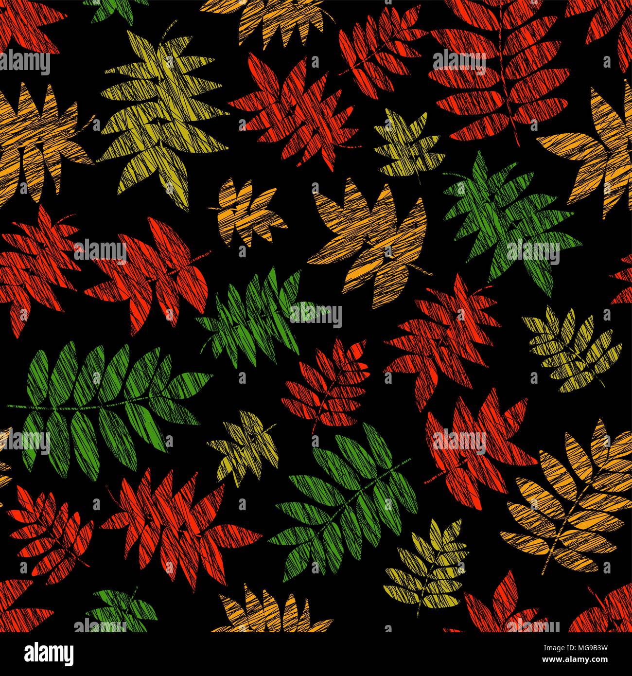 Seamless pattern with scratched japanese rowan leaves. Contrast colors. Autumn template. Plain endless background with nanakamado leaves. For wallpape Stock Vector