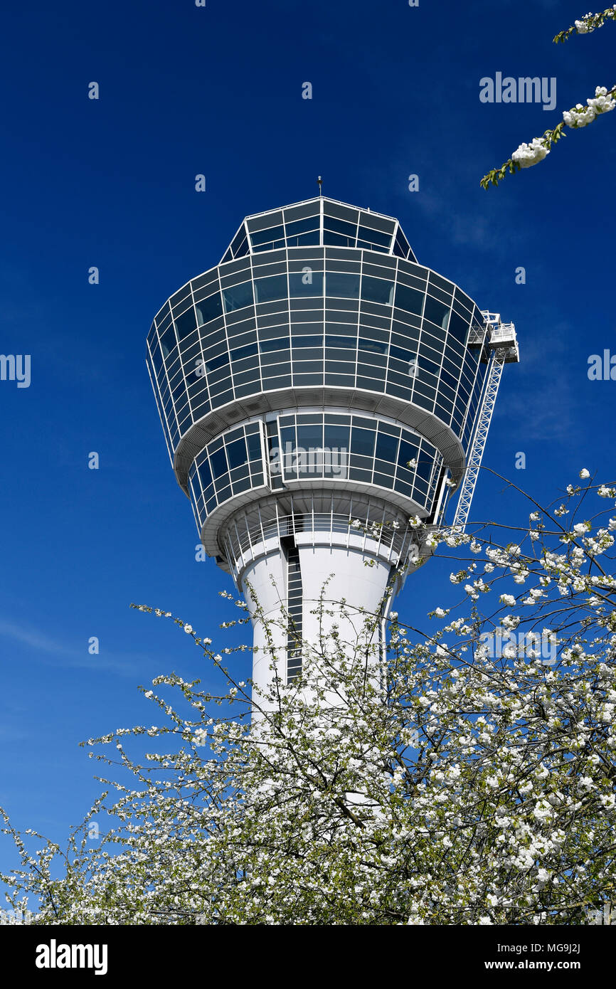 Tower, Trees, Cherry blossoms, blossom, flourish, spring, Airport, Building, Nature, Aircraft, Airplane, Plane, Airport Munich, MUC, Germany, Stock Photo