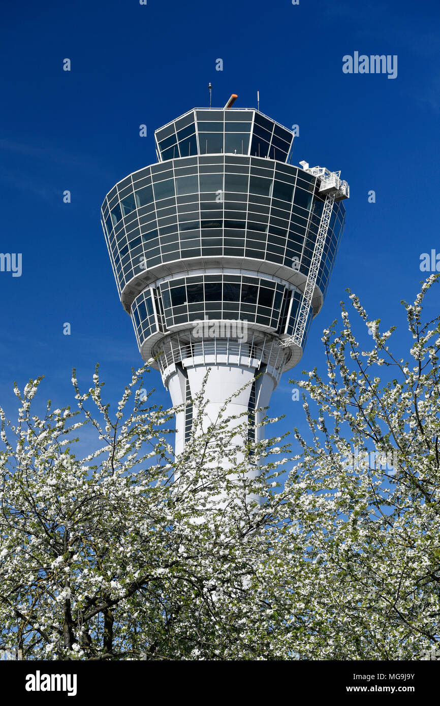 Tower, Trees, Cherry blossoms, blossom, flourish, spring, Airport, Building, Nature, Aircraft, Airplane, Plane, Airport Munich, MUC, Germany, Stock Photo