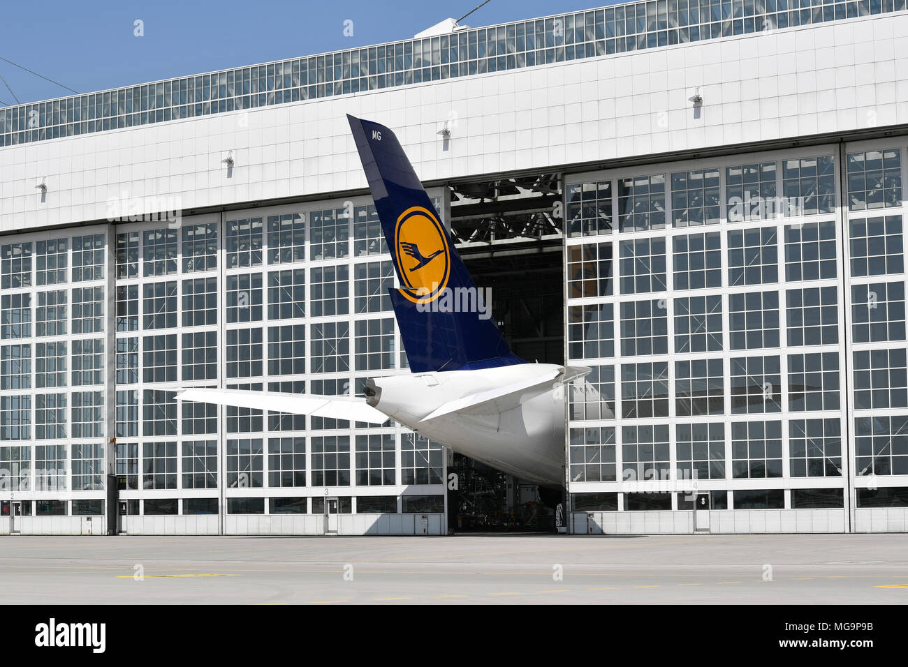 A 380-800, A380, Lufthansa, maintanance, repair, mechanic, hall, hangar, Aircraft, Airplane, Plane, Airport Munich, MUC, Germany, Stock Photo