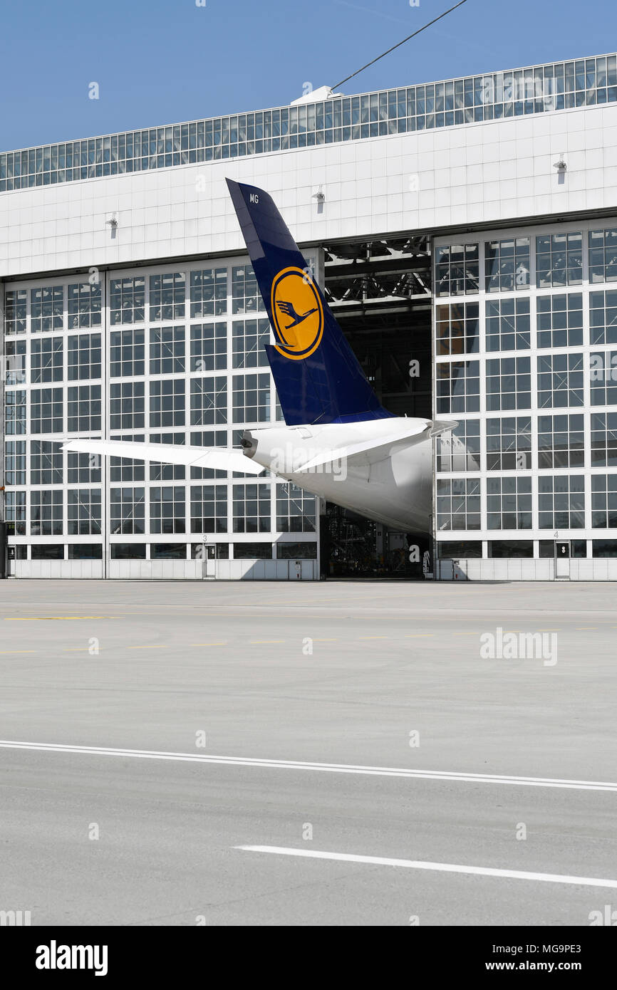 A 380-800, A380, Lufthansa, maintanance, repair, mechanic, hall, hangar, Aircraft, Airplane, Plane, Airport Munich, MUC, Germany, Stock Photo