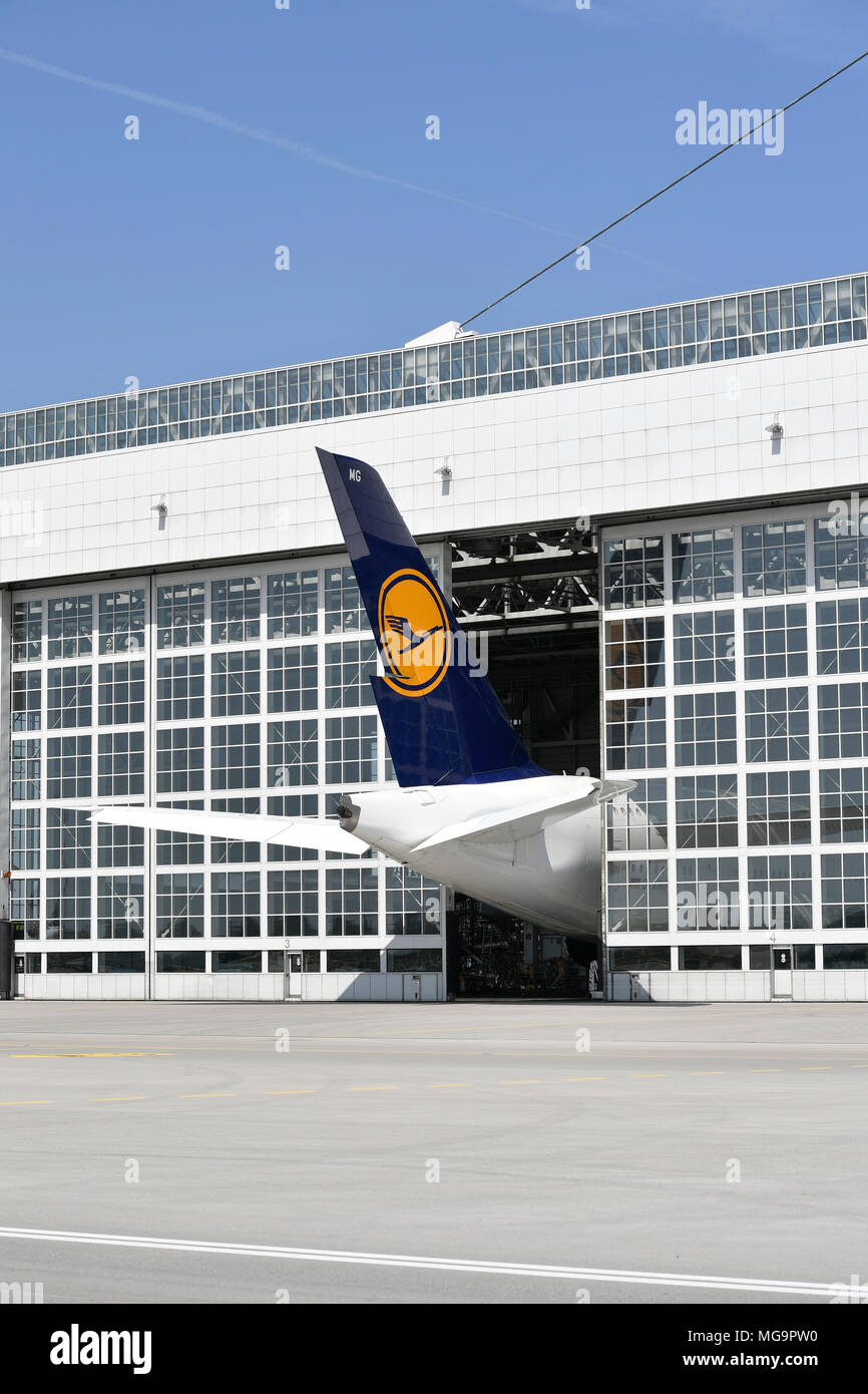 A 380-800, A380, Lufthansa, maintanance, repair, mechanic, hall, hangar, Aircraft, Airplane, Plane, Airport Munich, MUC, Germany, Stock Photo