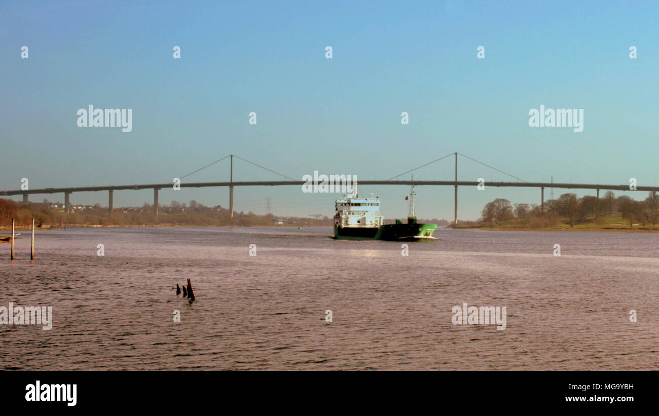 River Clyde at bowling harbour the ship Arklow Falcon bright blue sky   hot sunny day Erskine Bridge, Erskine, Scotland, UK Stock Photo