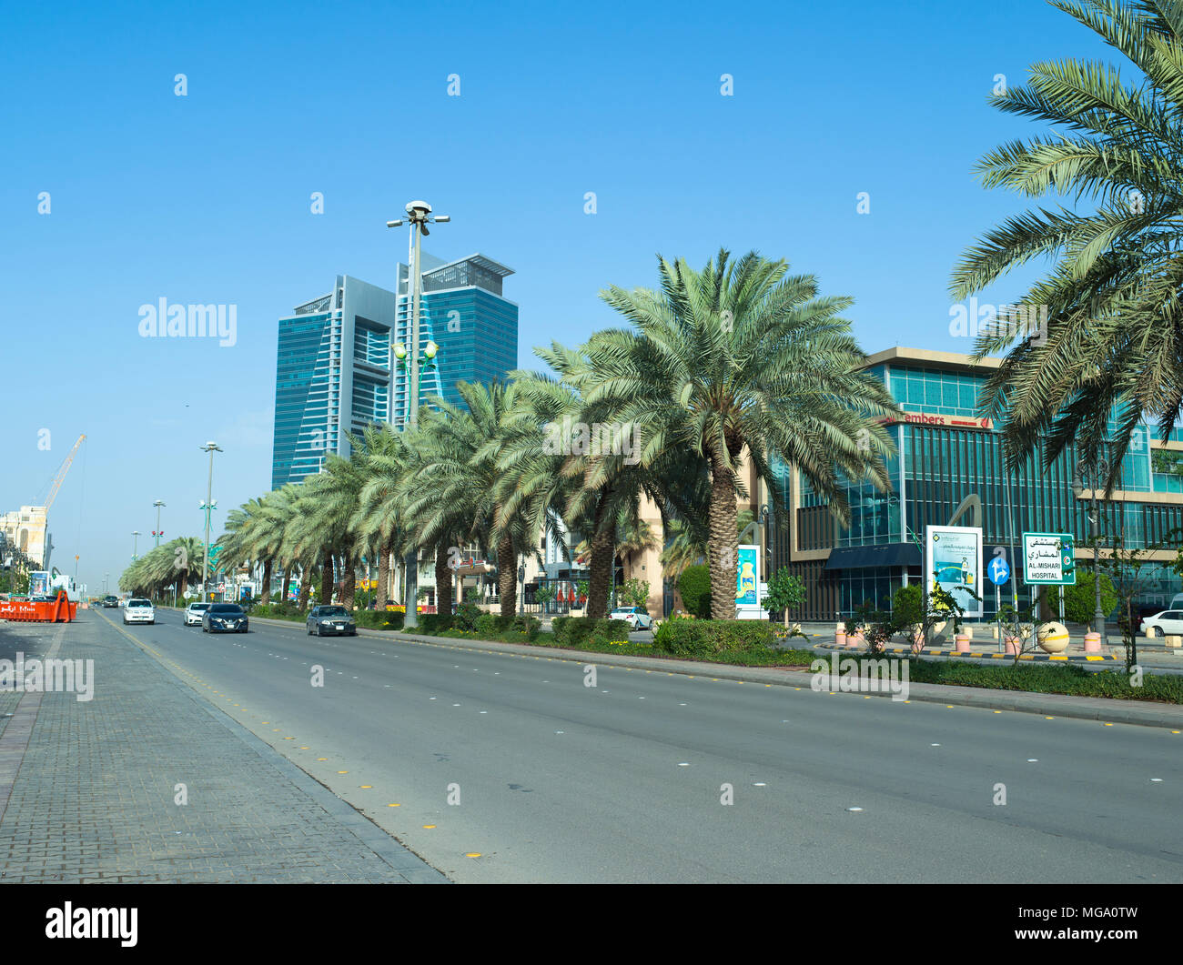 Light Traffic on Tahlia Street Early in The Morning Caused By Mandatory Re-routings as Part of Metro Construction Project In Riyadh, Saudi Arabia, 26- Stock Photo