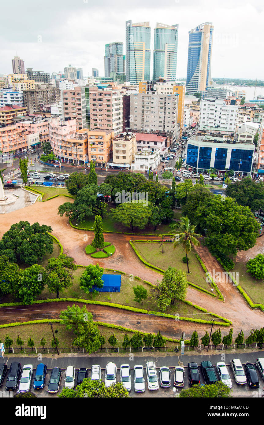 Aerial view of CBD looking east across Uhuro Park and Bibi Titi Mohammed Street, Dar es Salaam, Tanzania Stock Photo