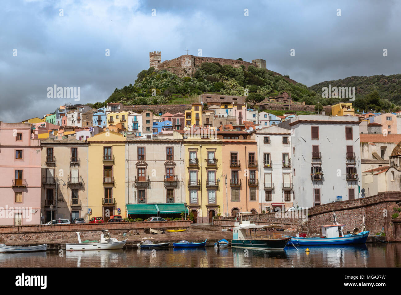 View of the medieval town of Bosa on the coast of Sardinia, Italy Stock Photo