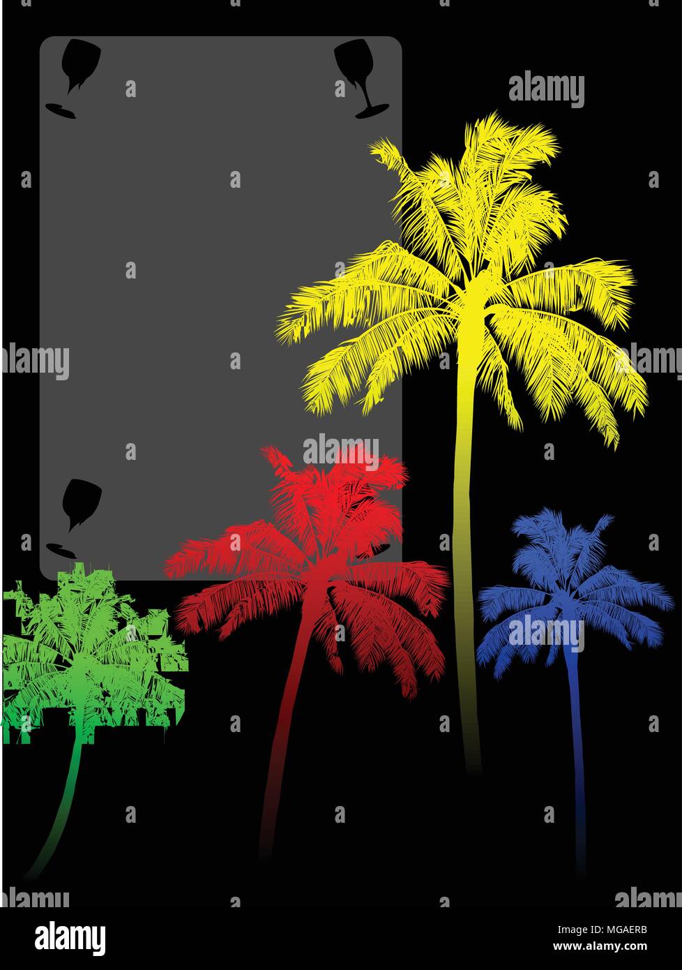Red Yellow Blue and Green Palm Tree Silhouette Over Black Background with Copy Space Area with Cut Out Glasses Stock Vector