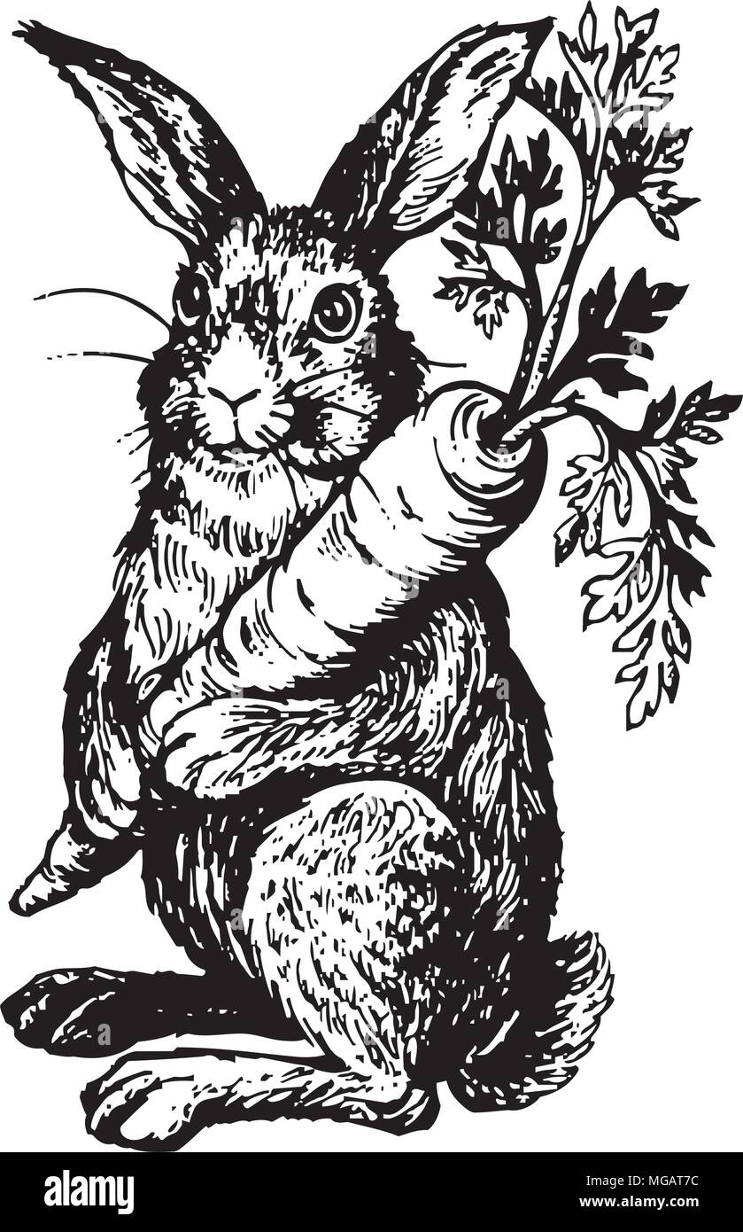 Rabbit Holding Carrot - Retro Clipart Illustration Stock Vector