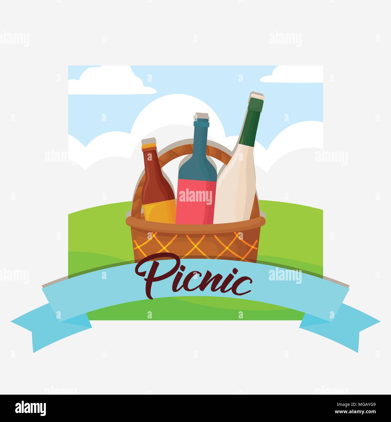 Picnic food emblem with basket and drink bottles over landscape and white  background, colorful design. vector illustration Stock Vector