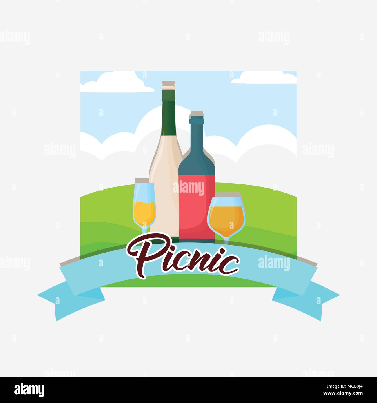 Picnic food emblem with wine and champagne bottles  over landscape and white  background, colorful design. vector illustration Stock Vector