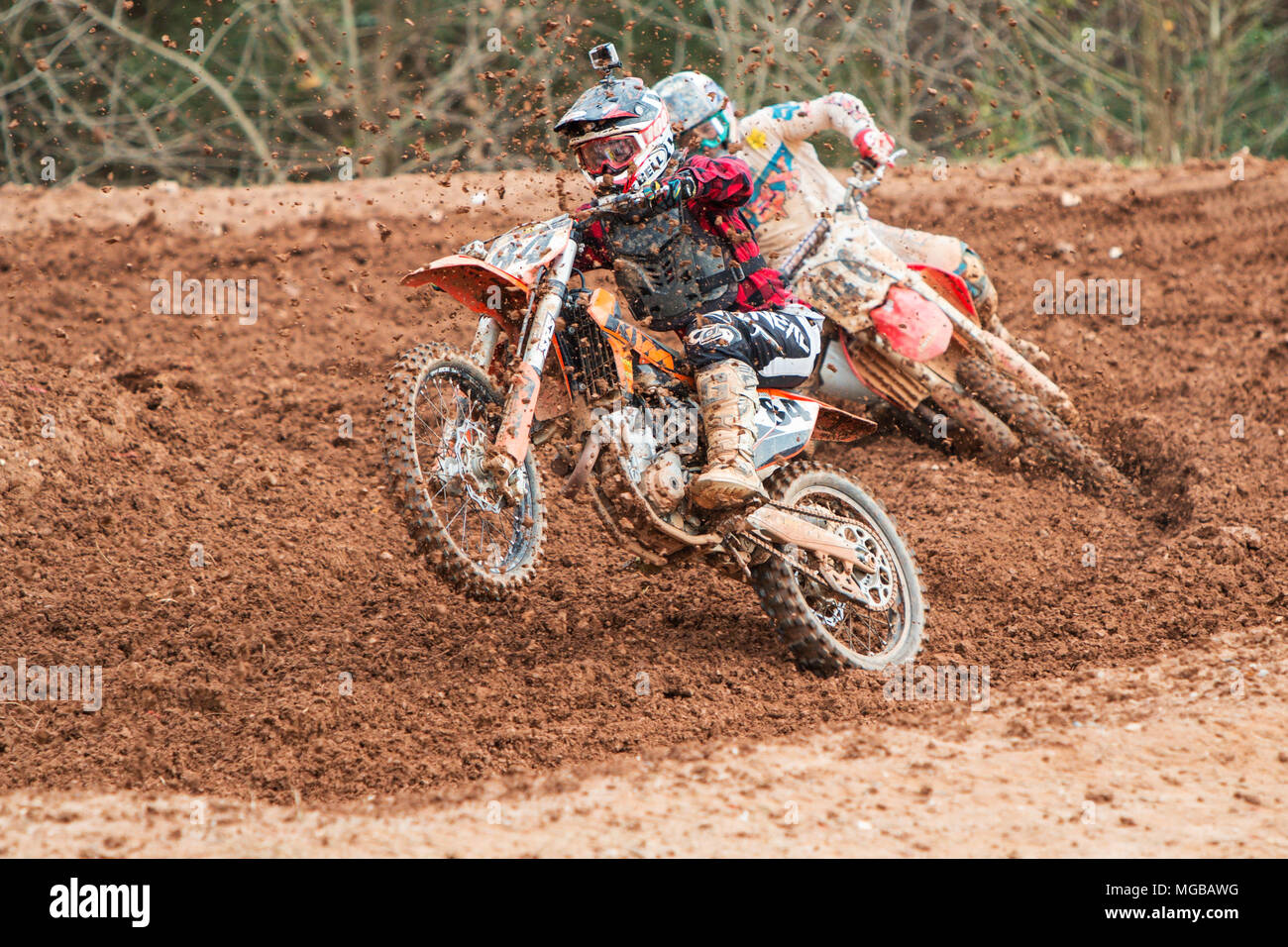 A rider pops a wheelie while accelerating out of a turn in a motocross race  at the Scrubndirt Track on December 3, 2016 in Monroe, GA Stock Photo -  Alamy