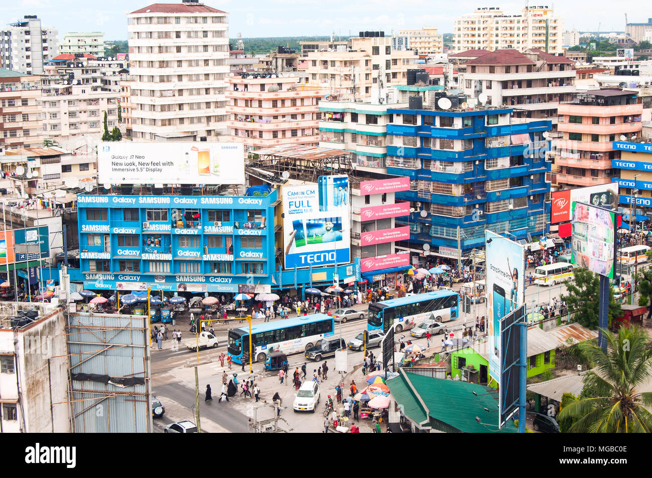 Aerial view of Msimbazi Street and Uhuru Street, Kariakoo, looking southeast, Dar es Salaam, Tanzania Stock Photo