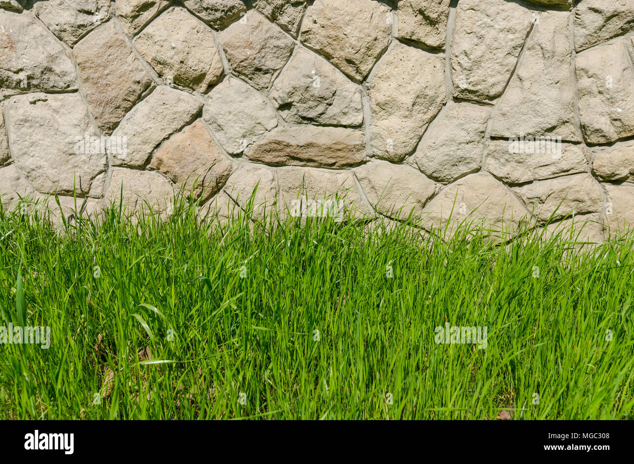 Green grass and a stone wall background Stock Photo - Alamy