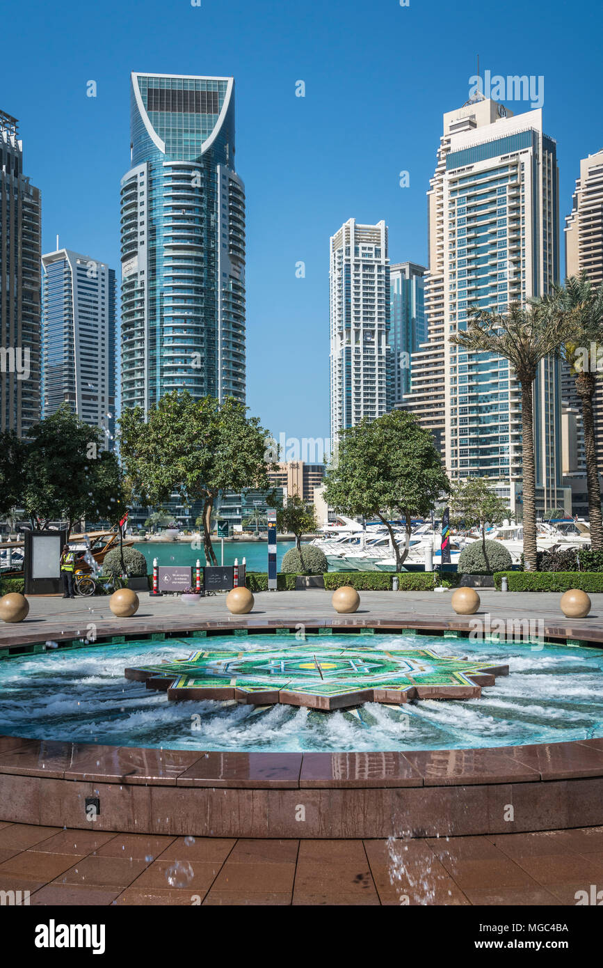 A decorative water fountain in the marina of Dubai, UAE, Middle East. Stock Photo