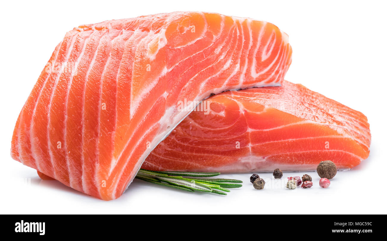 Fresh raw salmon fillets isolated on white background Stock Photo - Alamy