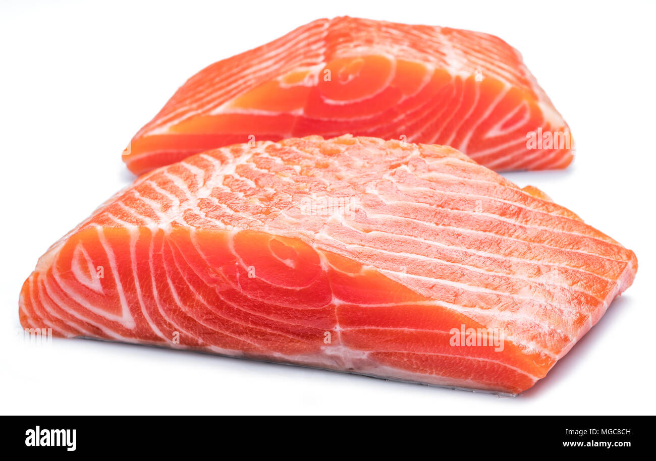 Fresh raw salmon fillets isolated on white background Stock Photo - Alamy