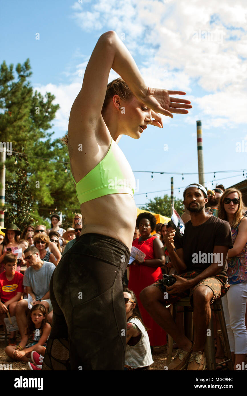 A young female dancer with the Atlanta Ballet puts on a Wabi Sabi dance performance for onlookers on August 6, 2016 in Atlanta, GA. Stock Photo