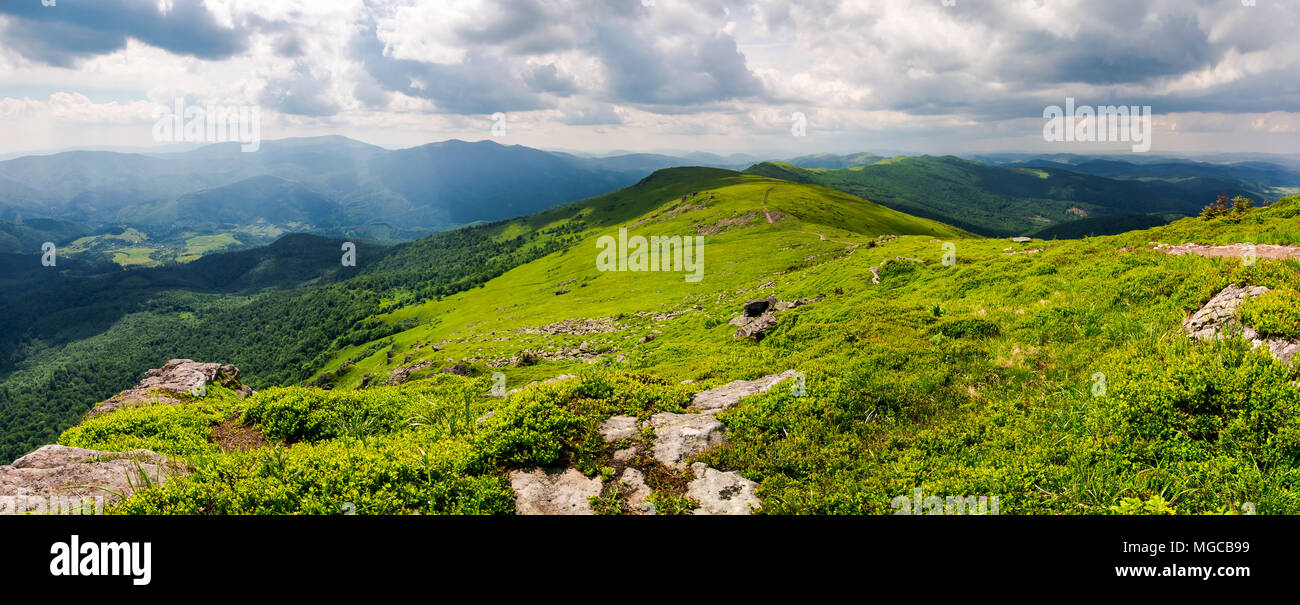 panorama of great Carpathian water dividing ridge. beautiful summer landscape view of Lviv and TransCarpathia regions of Ukraine from mountain Pikui Stock Photo
