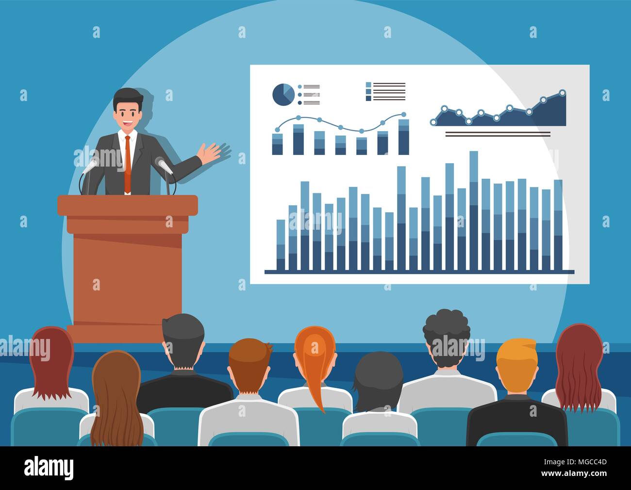 Businessmen giving speech or presenting charts on a whiteboard in meeting room. Business seminar and presentation concept. Stock Vector