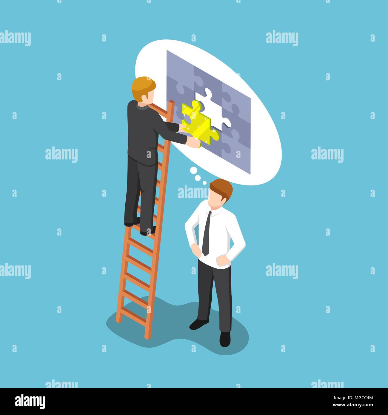 Flat 3d isometric businessman assembling last piece of jigsaw puzzle. Teamwork and  business solution concept. Stock Vector
