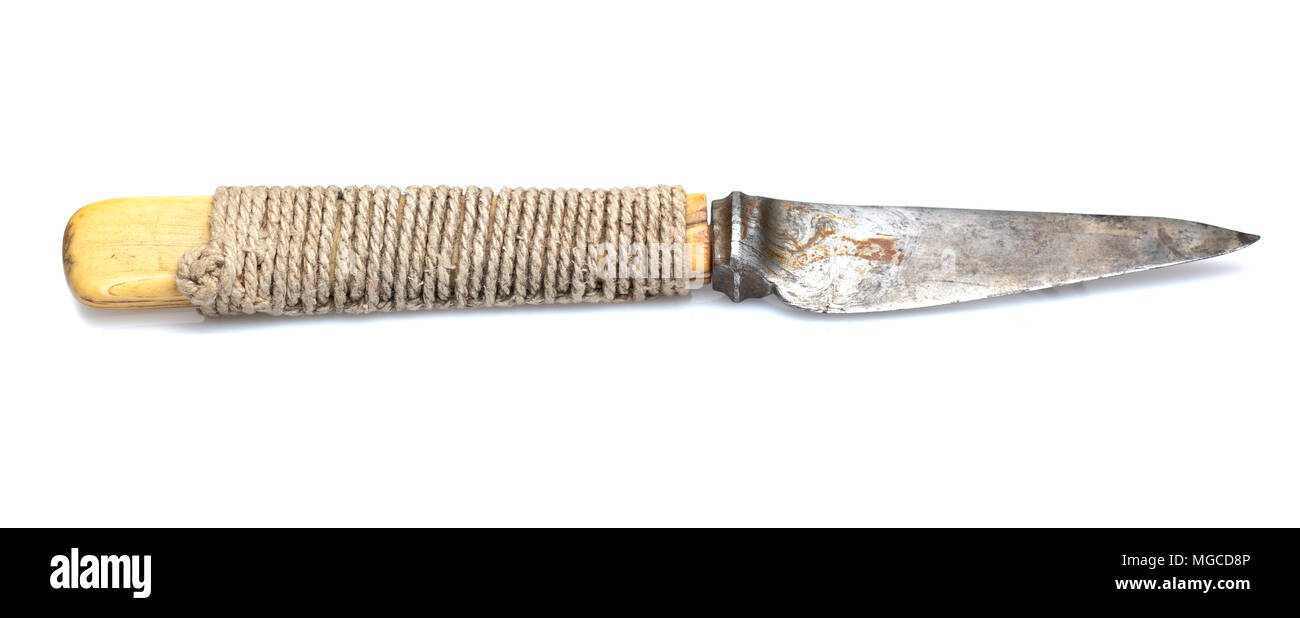 Old retro vntage knife with rope to mend a broken handle on a white