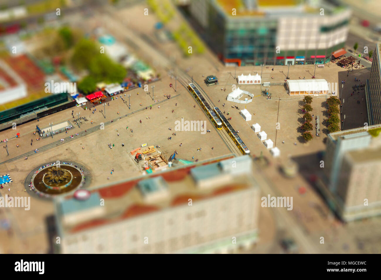 Aerial view of the Alexanderplatz public square in Berlin. with tilt-shift effect. Stock Photo