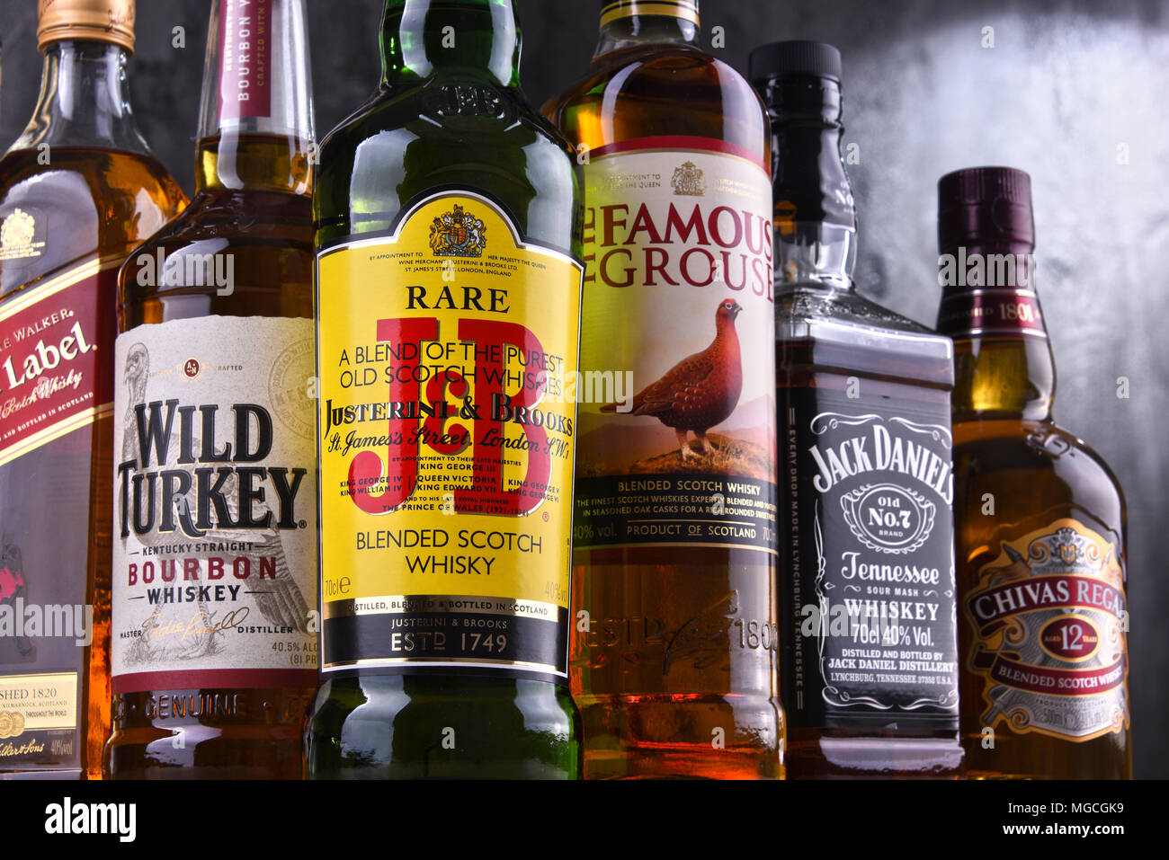 POZNAN, POLAND MAR 30, 2018 Bottles of several global whiskey brands